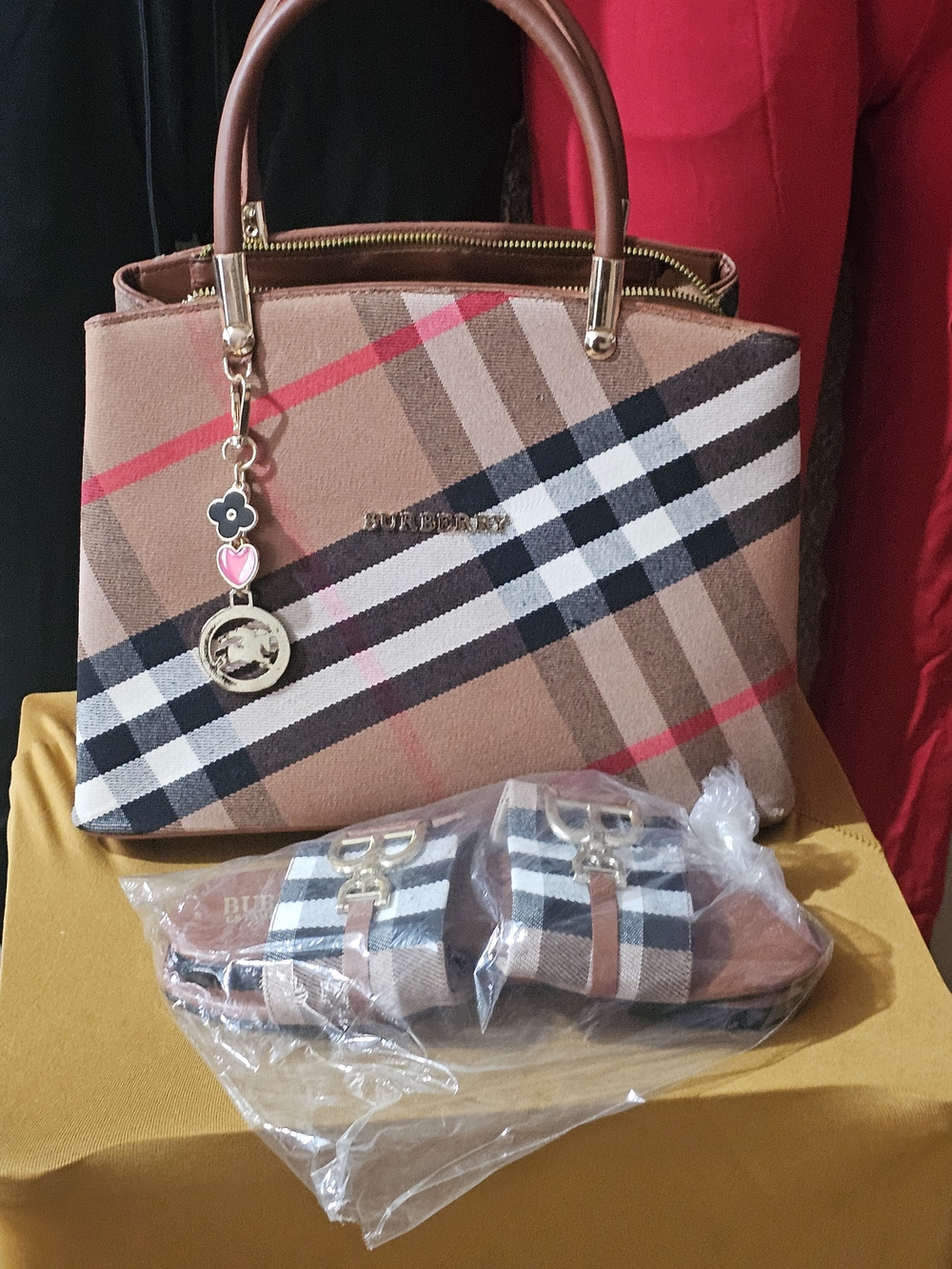 Burberry Tan Check Satchel with Charm